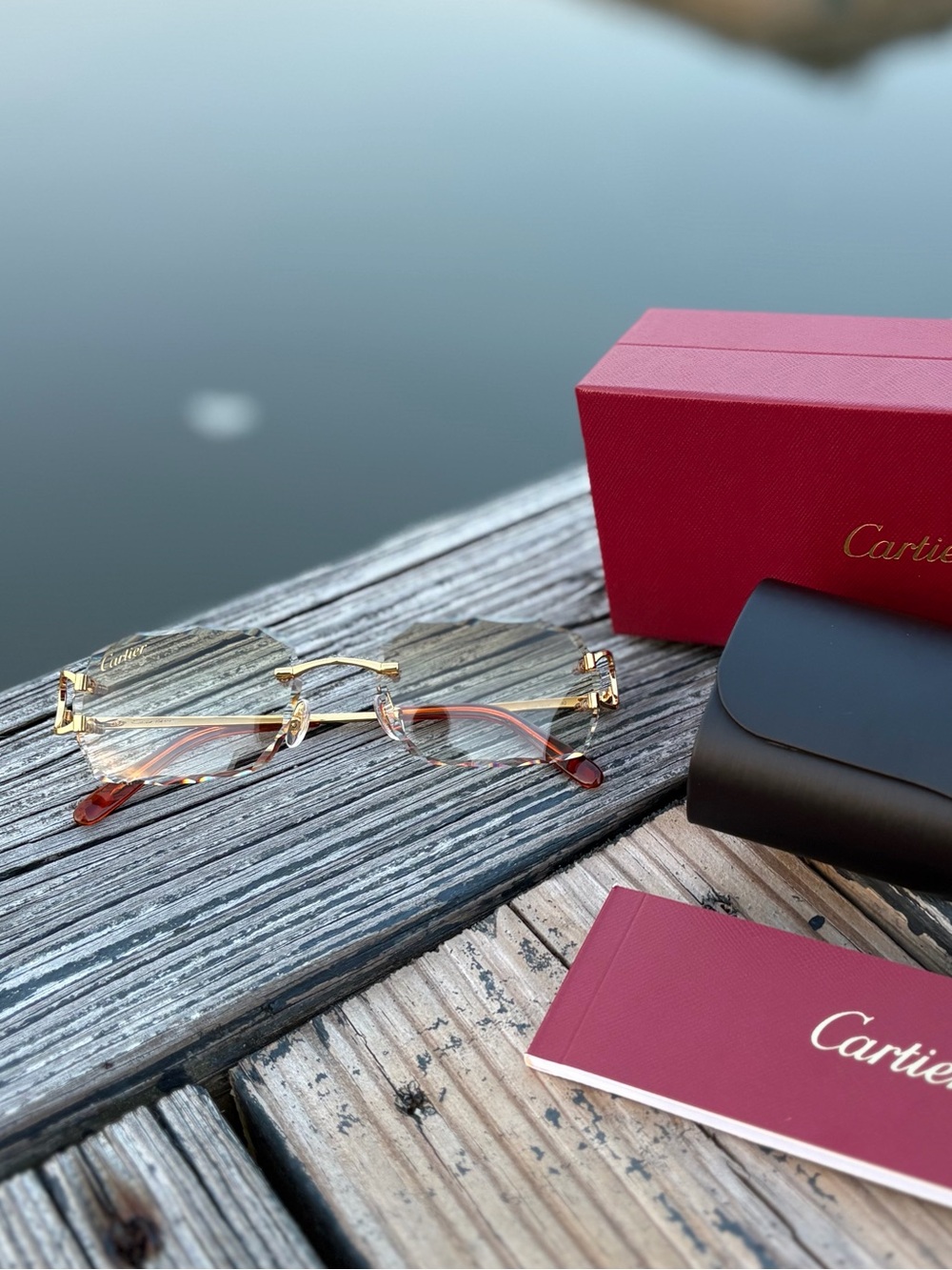 Cartier Brown lenses Gold Rimless Glasses with Red Accents